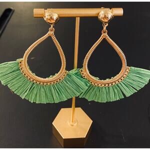 Green Raffia Teardrop Drop Gold  Earrings